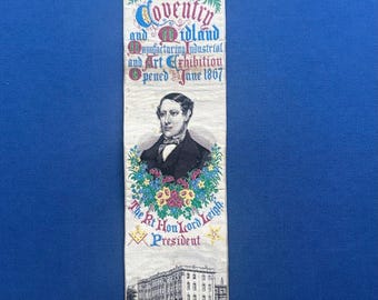 Rare 1867 Stevens Woven Silk Bookmark – Coventry & Midland Exhibition – Lord Leigh – Victorian