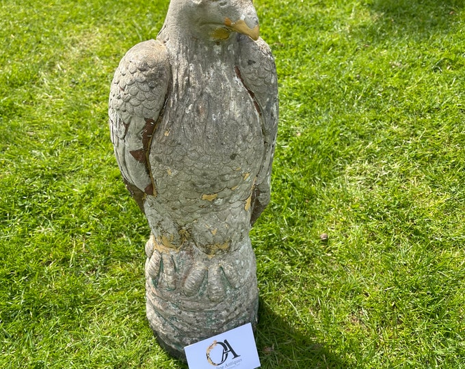 Vintage Large Weathered Stone Eagle On Plinth With Old Paint Patina.