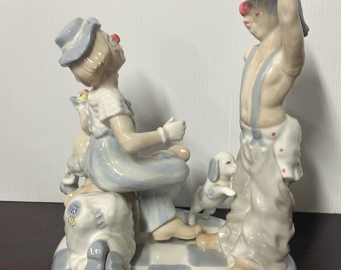 Casades Spain Porcelain Group Of Clowns With Dog Figurine - Retired Piece