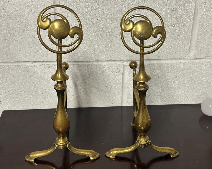 Pair Of Antique Art Nouveau Andirons, English, Brass, Decor, Fire Dog, Victorian