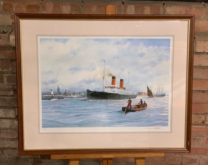 Framed & Glazed Limited Edition 5/100 Print Of The Campania at Liverpool a Steam Ship, Signed by the Marine Artist Thomas Shuttleworth, 1991