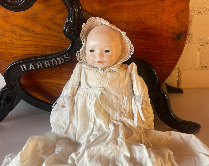 Rare German L Amberg & Sons Newborn Doll with Fabric Body and Bisque Head