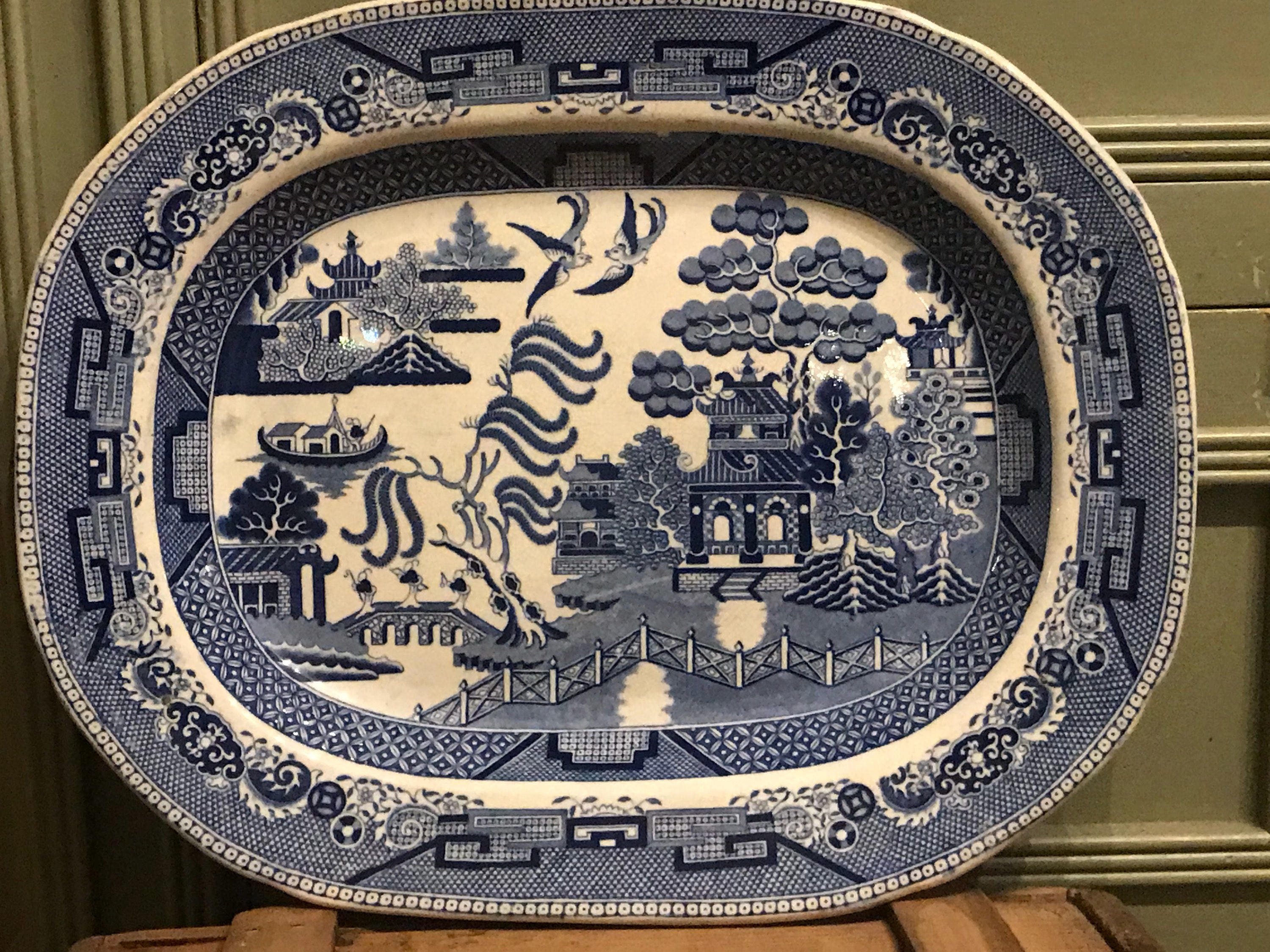 Rare c1800’s Warranted Staffordshire Blue & White Willow Pattern Meat