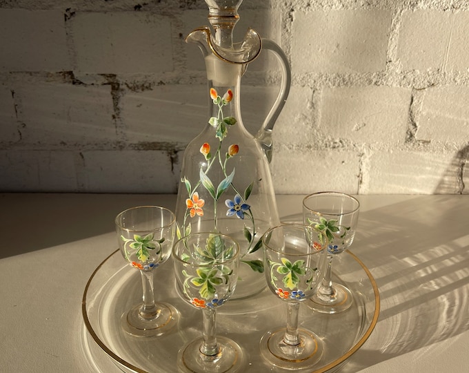 Victorian Hand Painted Gilt & Floral Decorated Glass Decanter with Glasses