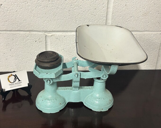 Fabulous Set Of Vintage Baby Blue Painted Kitchen / Shop Scales with Enamel Pan