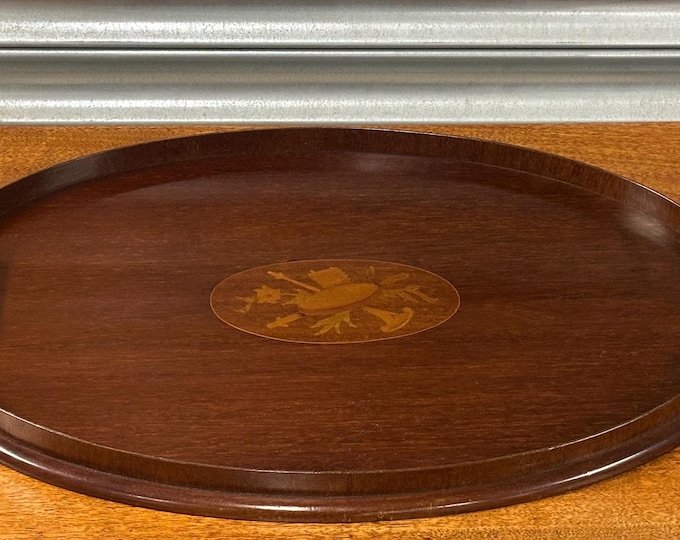 Antique Edwardian Mahogany Oval Serving / Drinks Tray - Inlaid with Brass Handles