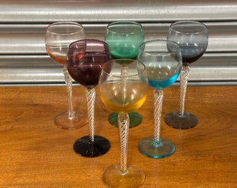 6 Vintage Coloured Air Twist Stem Coloured Crystal Hock Glasses