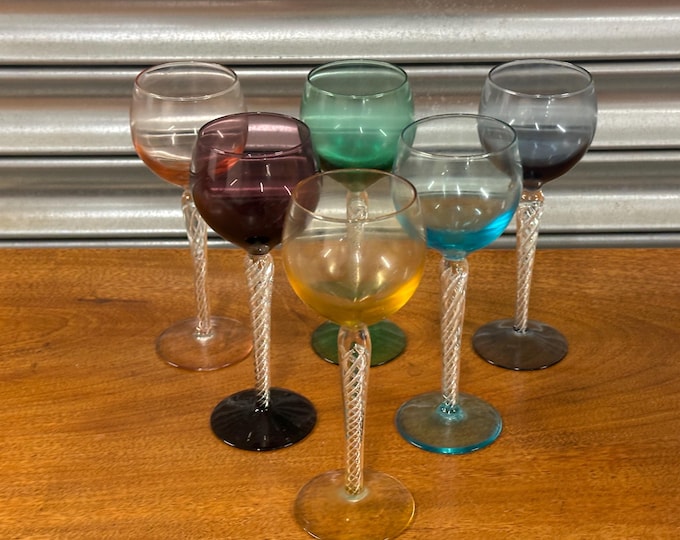 6 Vintage Coloured Air Twist Stem Coloured Crystal Hock Glasses