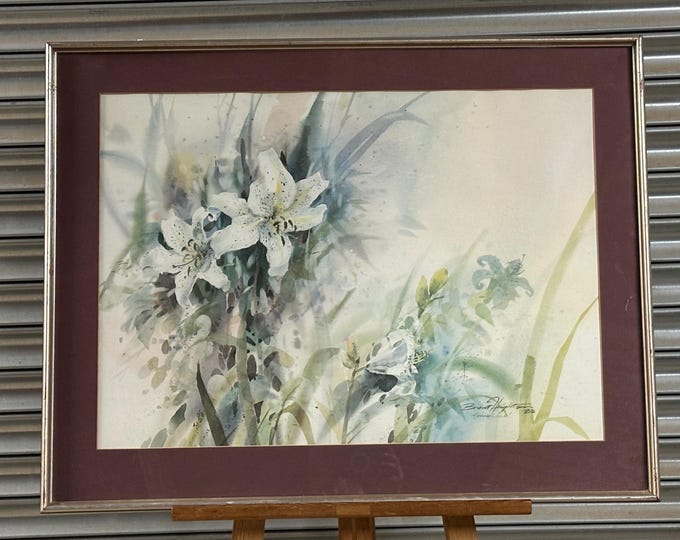 Large Framed Vintage Print "Spring Lilies" by Canadian artist Brent Heighton Created in 1983