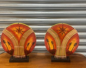 Pair of WORU Germany Retro Table Lamps – Bamboo & Hand Painted Disc Shades – Boho 1990s