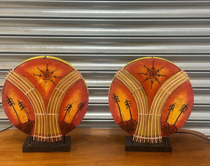 Pair of WORU Germany Retro Table Lamps – Bamboo & Hand Painted Disc Shades – Boho 1990s