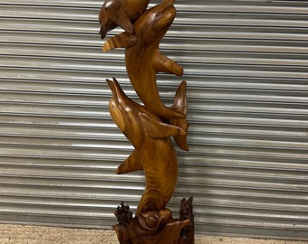 Large 5ft 8 Inch Hand Carved Teak Wood Multiple Dolphin Statue