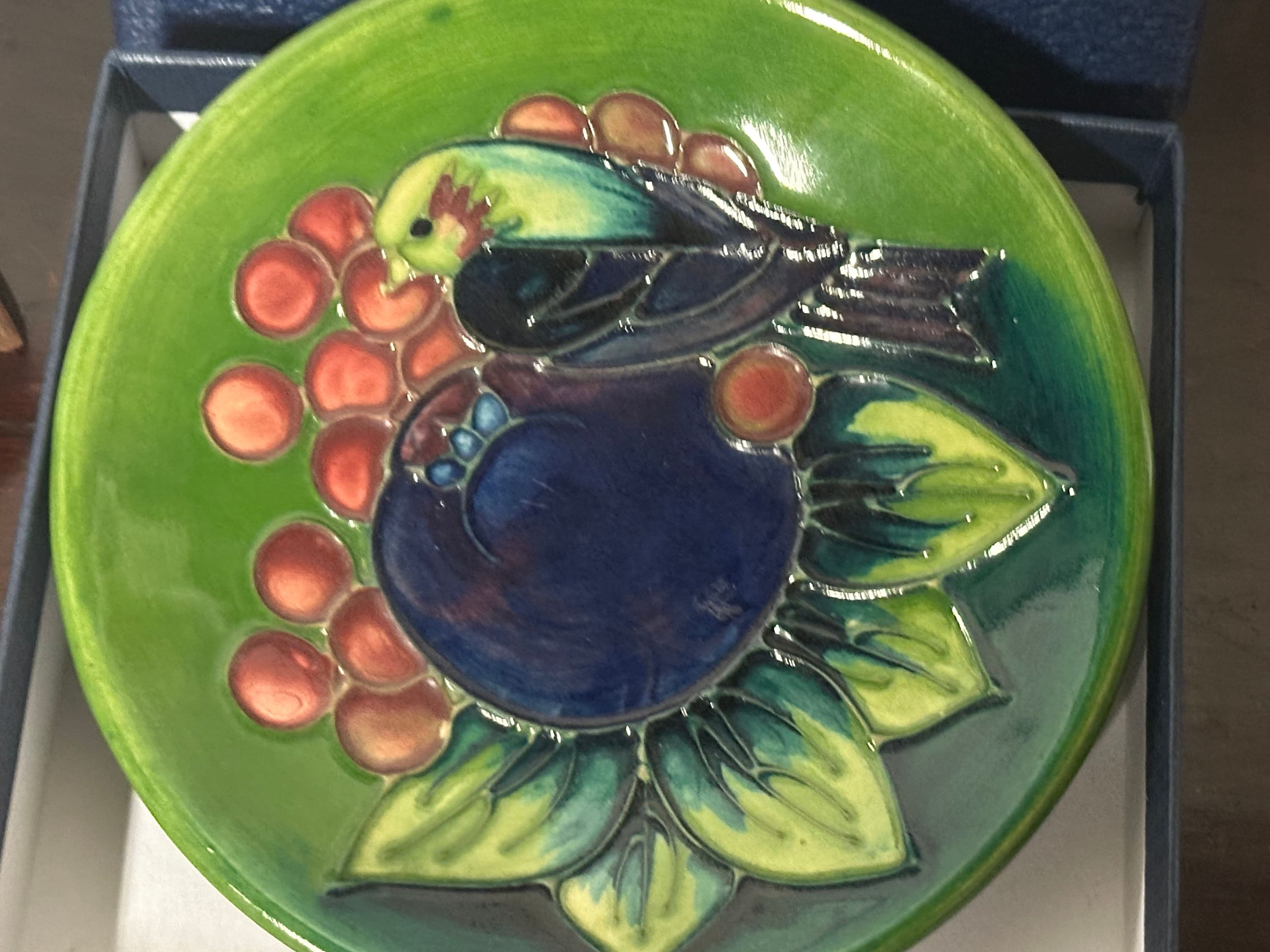 Moorcroft Pin Dish in the Finch Design by Sally Tuffin With Presentation Box