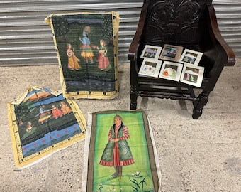 Indo-Persian Mughal Art Style Gouache Paintings on Antique Manuscript Leaf + Hand Painted Fabric