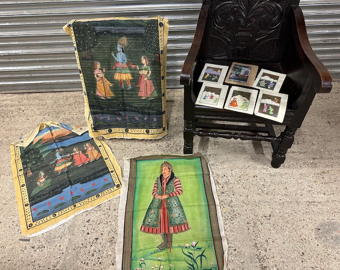 Indo-Persian Mughal Art Style Gouache Paintings on Antique Manuscript Leaf + Hand Painted Fabric