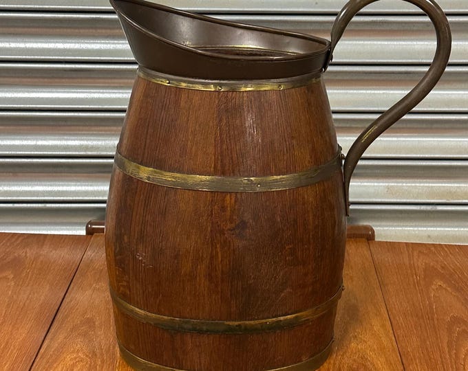 Large 19thC Antique Oak and Brass Barrel Pitcher or Umbrella / Stick Holder