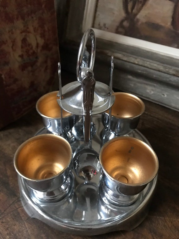 Four Egg Cup Holders Four Spoons and Salt and Pepper Holder on Vintage Stand Vintage Classic Chromium Plate Cruet Set