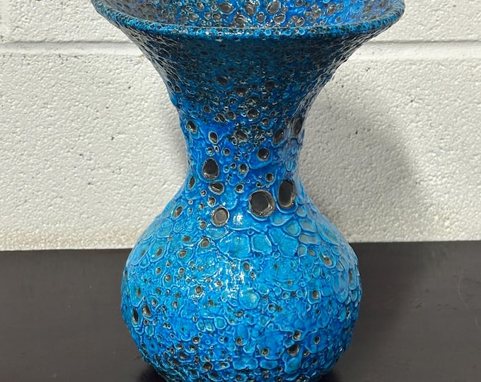 Large Stunning French 1960’s Mid Century Turquoise Blue Fat Lava Vase -Gift Idea