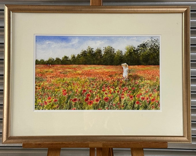 Beautiful Original Watercolour ‘ Girl In Poppies’ By M Jay