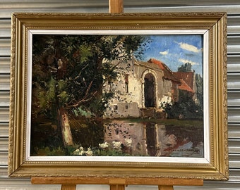 Superb Vintage Oil Painting Of A Continental Village Scene, Indistinctly Signed