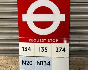 Mid Century Enamel Double Sided London Transport Bus Stop Sign - Request Stop
