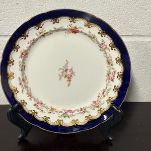 Antique Hand Painted Plate With Cobalt Blue, Floral and Gilt Decoration