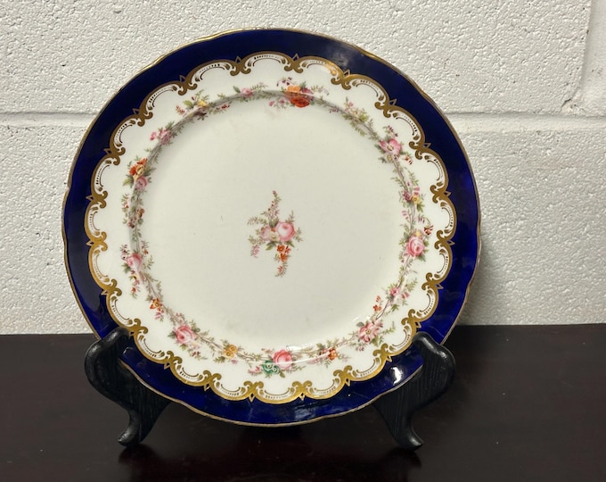 Antique Hand Painted Plate With Cobalt Blue, Floral and Gilt Decoration