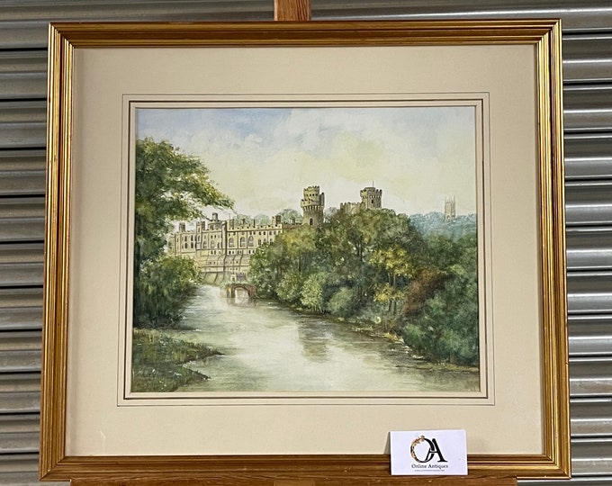 Superb Original Vintage Watercolour of Warwick Castle - Riverside View of the Castle, signed with the initials C L