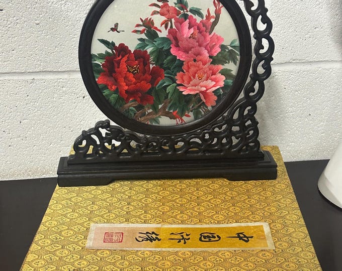 Vintage Chinese Double Sided Silk Embroidery with Pink Red Flowers and Butterflies on Carved Wood Stand