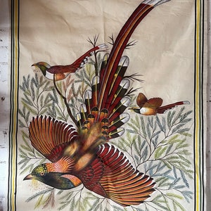 Stunning Vintage Hand Painted Birds Of Paradise On Silk Type Textile (not certain of the type of textile but a woven material)