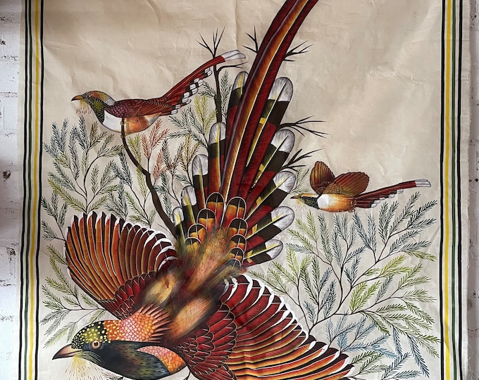 Stunning Vintage Hand Painted Birds Of Paradise On Silk Type Textile (not certain of the type of textile but a woven material)