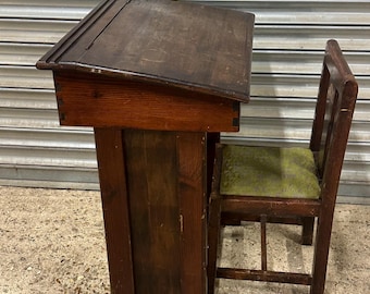 Antique Oak Child’s School Desk with Sloped Writing Surface and Chair with Hand Painted Decoration