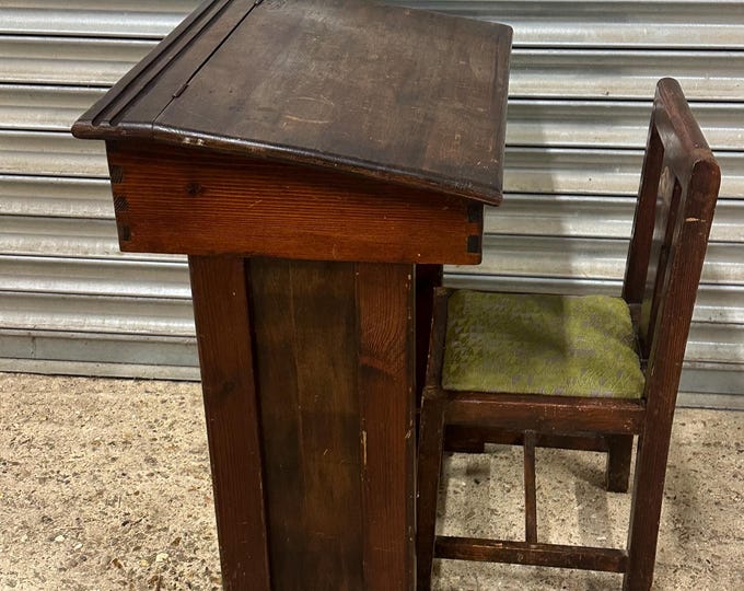 Antique Oak Child’s School Desk with Sloped Writing Surface and Chair with Hand Painted Decoration