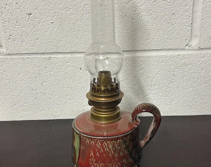 Gorgeous Vintage French  Pottery And Glass Gaudard Finger Oil Lamp & Chimney