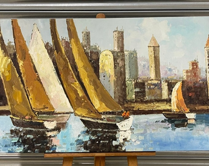 Large Vintage Circa 1969’s/70’s Oil Painting Depicting Sailing Cityscape Scene