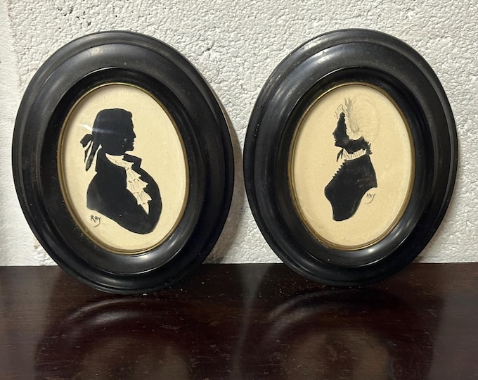 Pair of Antique Original Hand Painted Silhouette Portraits by Ray