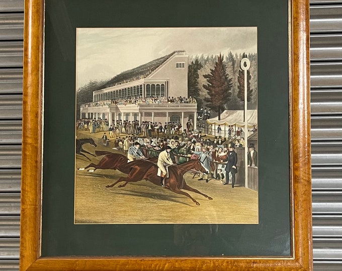 Fab Large Stunning 19thC Handcoloured Horse Racing Engraving In Maple Frame