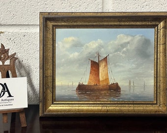 Small Exquisite Original Painting On Copper - Sailing Ship / Seascape Scene