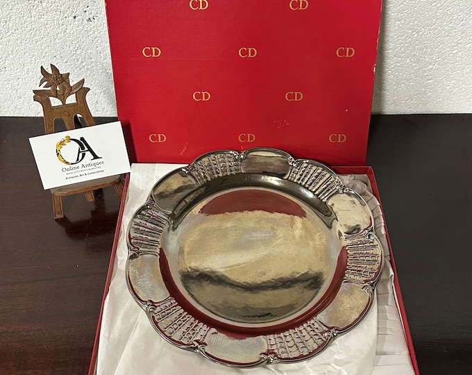 Vintage Circa 1960’s Christian Dior Silver Toned Porcelain Plate With Box