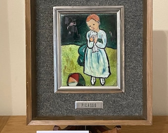 Beautiful Framed Enamel Hand Painted Plaque After Picasso ‘Child with a Dove’