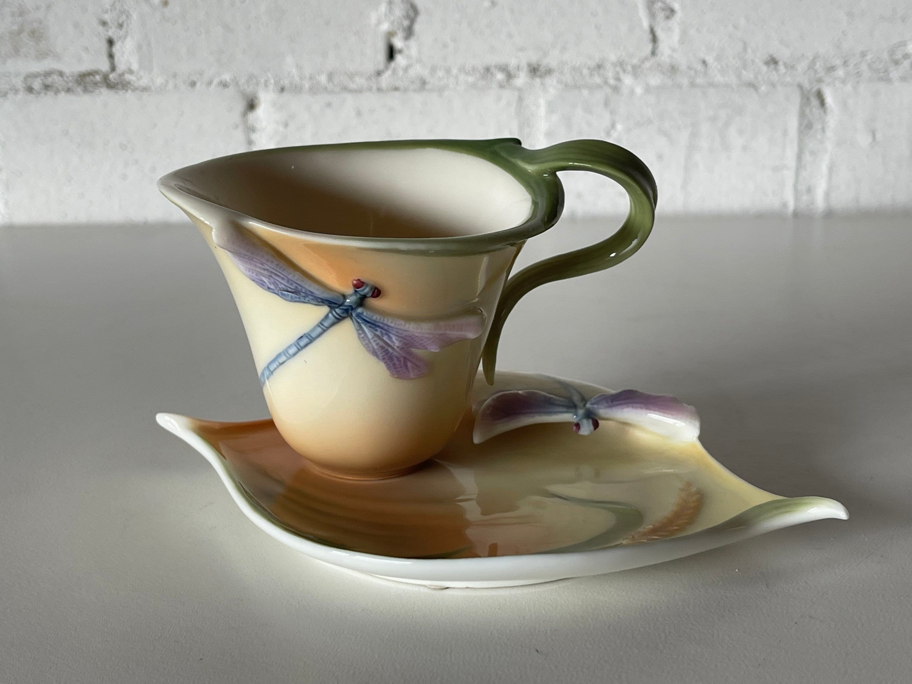 Beautiful Franz Porcelain Dragonfly Cup and Saucer, Designed By Jenny