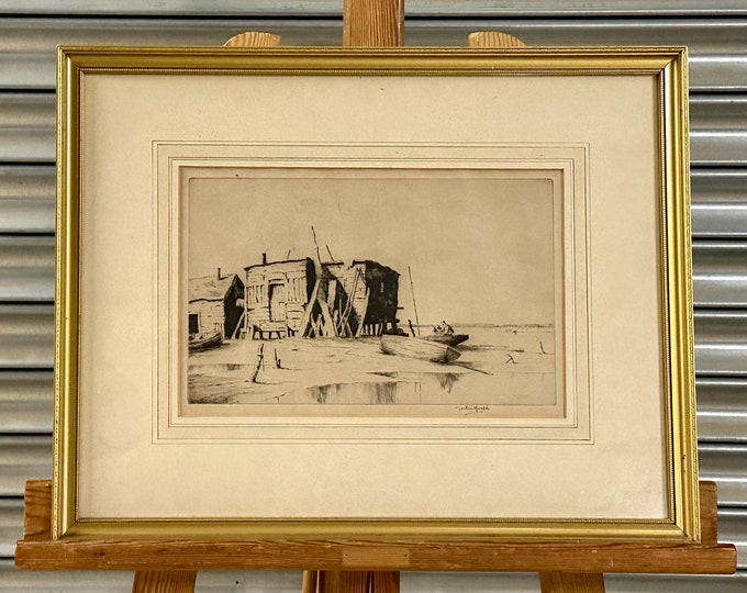 Lovely Early 1900’s Engraving Of A Fisherman / Estuary Scene By Martin Hardie