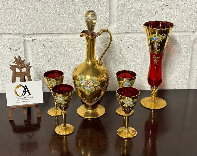 Beautiful Antique Murano Venetian Red Hand Painted Decanter, Goblets And Vase