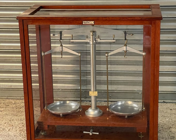 Huge Set Of L Oertling Of London Scientific Balance Scales In Display Case