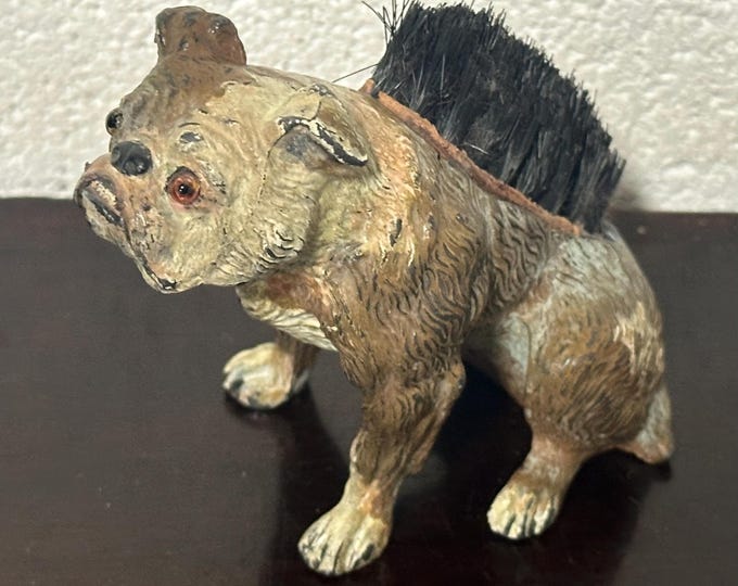 Rare 19thC Cold Painted Bronze British Bull Dog Figurine With Brush For Cleaning A Quill Pen.