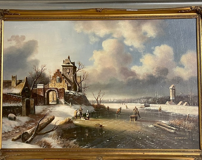 Large Gilt Framed Oil on Canvas Of A Winter Landscape By The Artist R A Seltzer