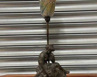 Art Nouveau Style Figural Table Lamp With Hand Painted Glass Shade