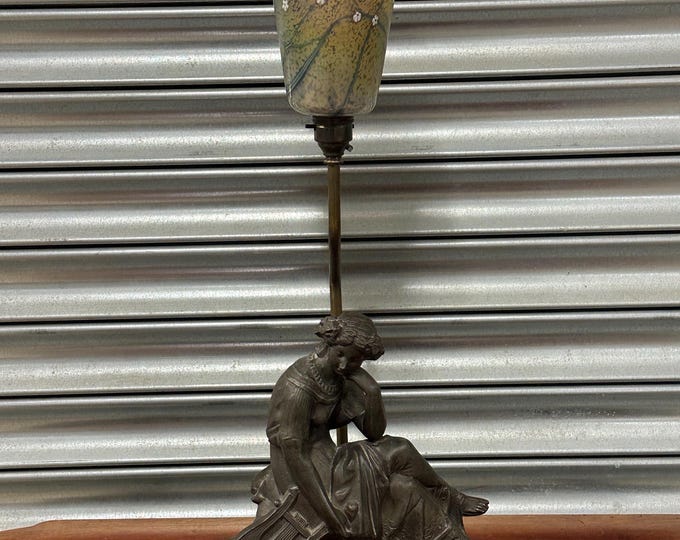 Art Nouveau Style Figural Table Lamp With Hand Painted Glass Shade