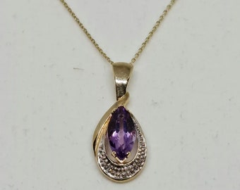 Beautiful 9ct Gold Amethyst & Diamond Pendant On A Belcher Chain - Perfect Gift!