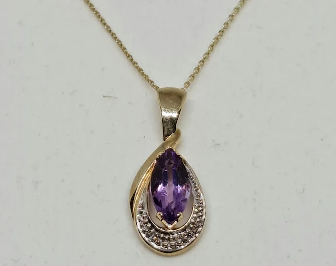 Beautiful 9ct Gold Amethyst & Diamond Pendant On A Belcher Chain - Perfect Gift!